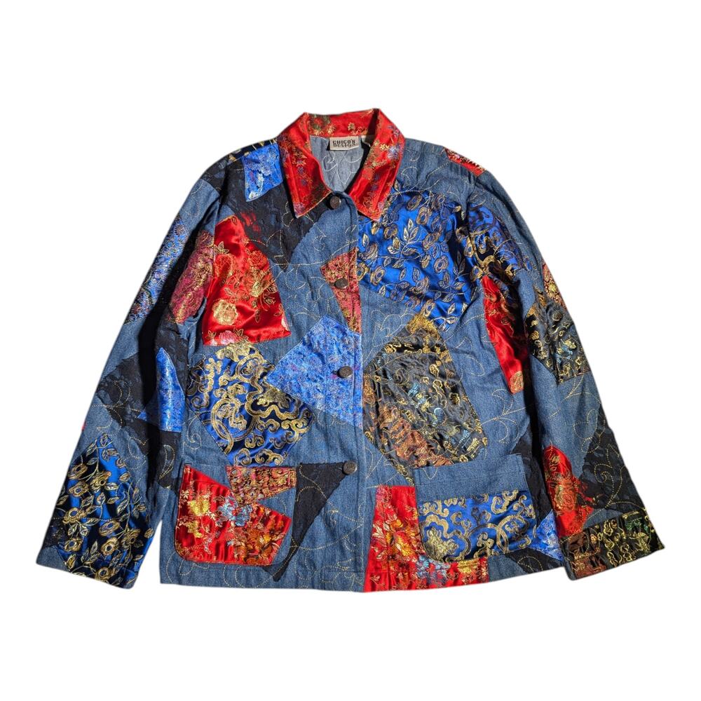 Vtg 1990s Chico's Blue Denim Red Brocade Patchwork Button Up Jacket Sz 2 L